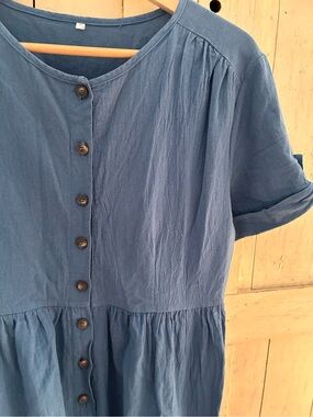 Women's Blue Linen Wide Leg, Button-Front Jumpsuit